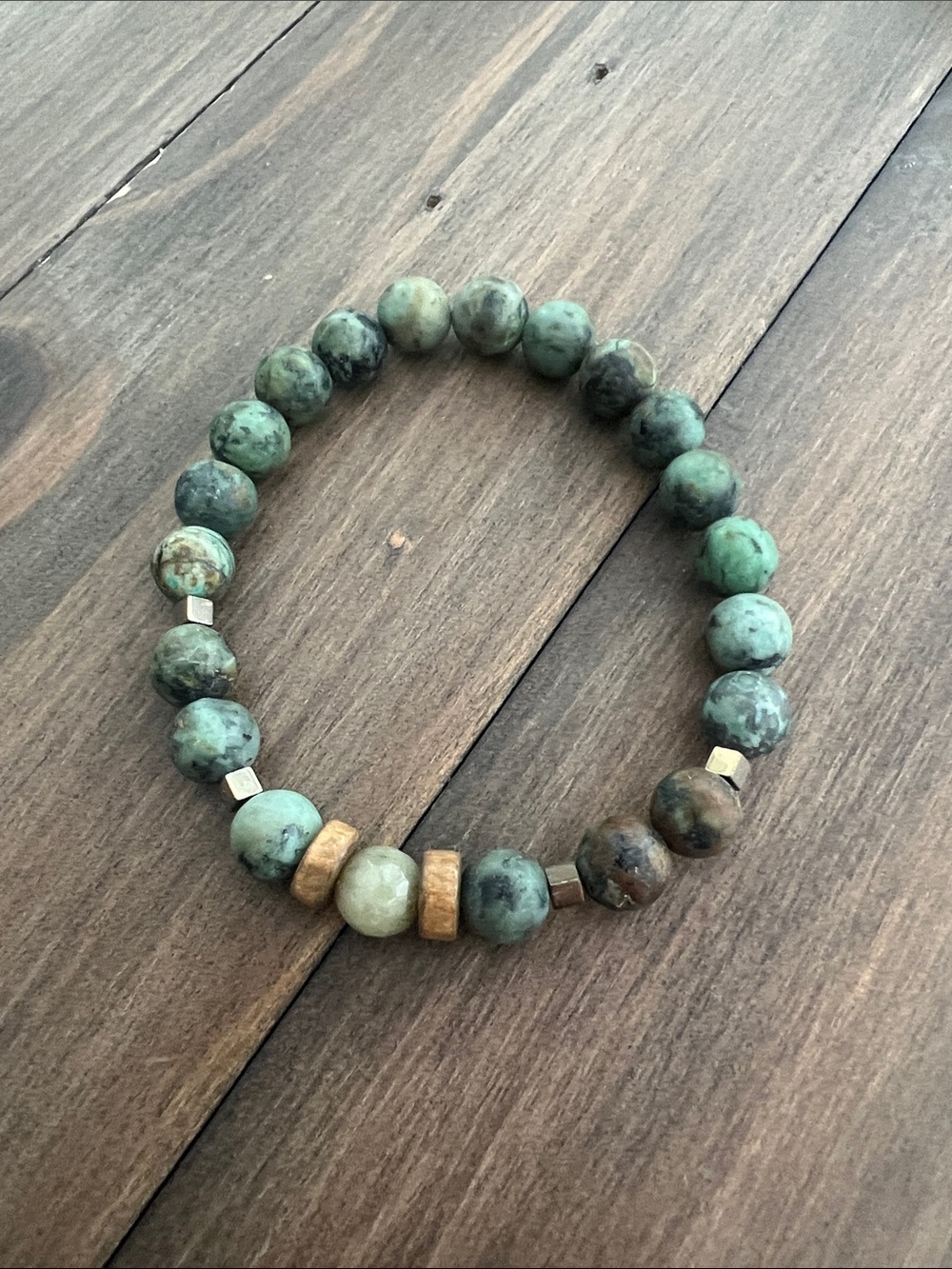 Green Beaded Stretch Bracelet with Wood Accents